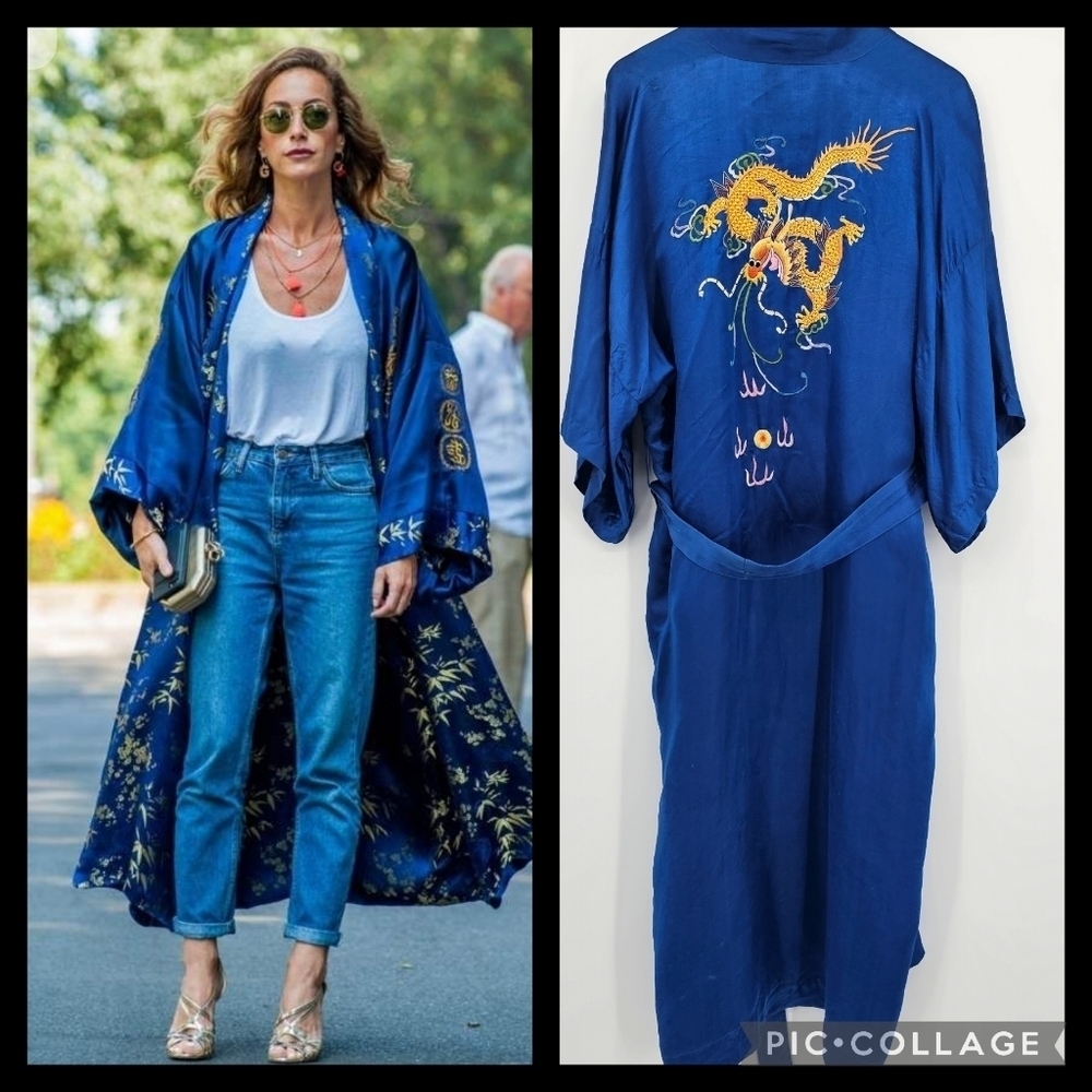 Vintage Royal Blue Silk Embroidered Dragon Robe Kimono Duster Size Large